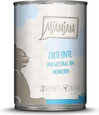 Produktbild von MjAMjAM zarte Ente & Geflügel an leckeren Möhrchen, Adult, jede Rasse, Ente, Geflügel, 400 g, Getreidefrei