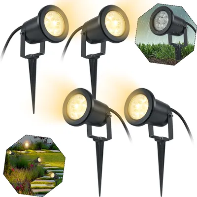 Collage of garden spotlights in different settings, including a rainy outdoor scene and a landscaped garden.