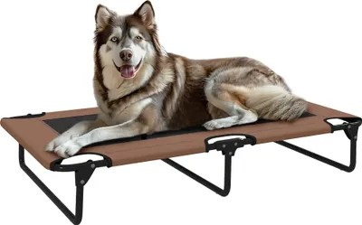 Zdjęcie produktu dla Legowisko dla psa PawHut Outdoor, podwyższone legowisko dla dużych psów, składane legowisko dla zwierząt z nogami z siatki stalowej, legowisko dla zwierząt na kemping, 107 x 61 x 20 cm, kolor kawy