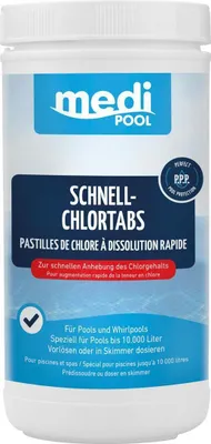 Produktbild von mediPOOL Schnell-ChlorTabs, 1 kg, schnelllöslich, hoher Aktivchlorgehalt, zur Poolwasserdesinfektion und Stoßchlorung, 20g pro Tablette, für Pools bis 10.000 Liter