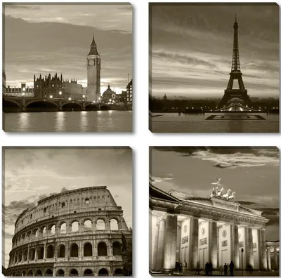 Produktbild von Visario Leinwandbild Europa Städte 60x60 cm – 4-teilig, Bild Wandbild Kunstdruck, aufhängfertig, Echtholzrahmen, Zackenaufhänger, Art. 6604