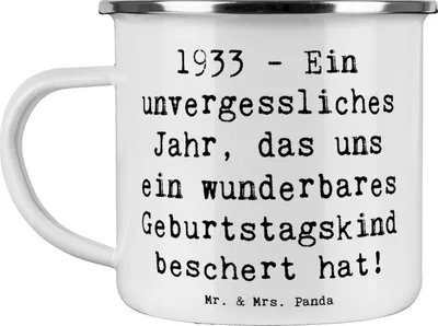 Produktbild von Mr. & Mrs. Panda Teetasse Spruch 1933 Geburtstag - Weiß - Geschenk, Alles gut zum, Emaille Tasse, Pott, Geburtstagsgeschenk, Haferl, Kaffeepott, Feier, Glückwunsch