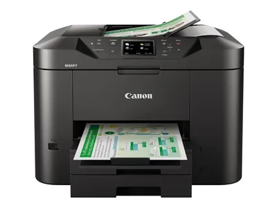 A black Canon Maxify MB2755 printer is shown from the front, with a document in the output tray and another in the input tray.