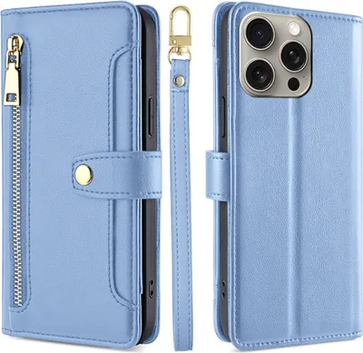 Produktbild von Handykette iPhone Hülle mit Band Handyhülle Kartenfächer Kunstleder Umhängetasche iPhone 15 Pro Hellblau