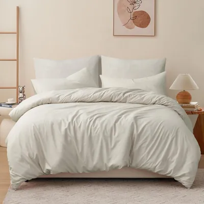 Productafbeelding van Bettenset, 240x260 cm, 3-delig, beige, microvezel, met rits en strikbanden