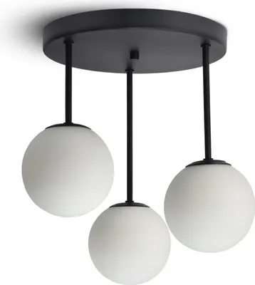A black ceiling lamp with three white glass globes.