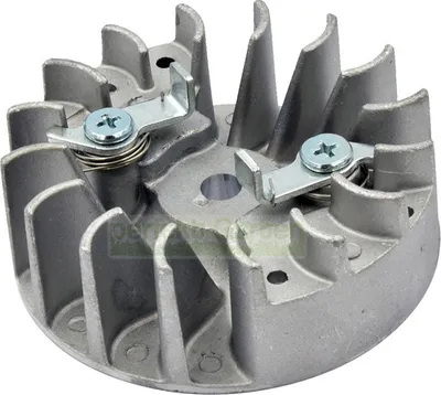 A close-up studio shot of a metal flywheel with fan blades.