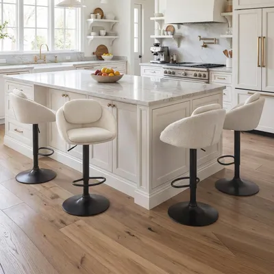 Productafbeelding van Barkrukken, set van 4, chenille, in hoogte verstelbaar, draaibaar, bekleed, met metalen voet, beige