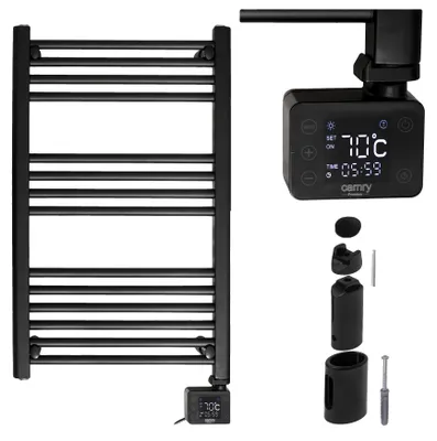 Imagen del producto de Calentador eléctrico, con una potencia de 600 W, dimensiones de 50,0 x 5,3 x 90,0 cm, peso de 8,7 kg, control de temperatura de 0 a 37 °C, y función dual para calefacción y secado de toallas