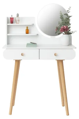 Produktbild von Schminktisch MRDT08-W, weiß, aus MDF, mit Spiegel (Ø 40 cm) und Schubladen, 80x122x40 cm