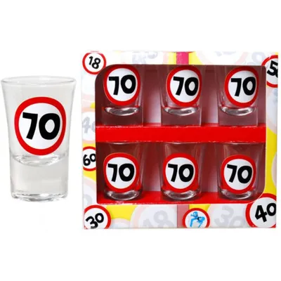 Produktbild von 6er SET PARTY GLÄSER 70.GEBURTSTAGMEDIZIN H: 7 cm SCHNAPSGLÄSER