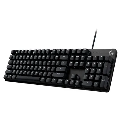 A black mechanical gaming keyboard is shown from a slightly elevated diagonal angle against a white background.