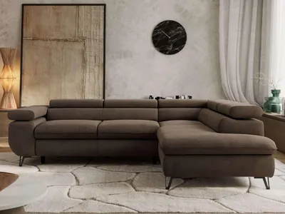 Produktbild von Couch mit Schlaffunktion L-form Ecksofa Wohnzimmersofa mit Einstellbare Kopfstützen - PABLO L - Velvet - Braun - Rechts