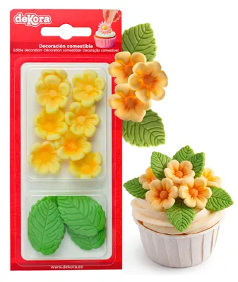Produktbild von Dekora - Essbare Blumen für Torte aus Zucker - Box mit 8 gelben Blüten und 5 grü