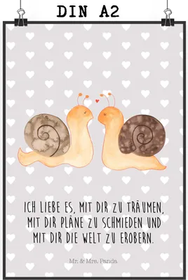 Produktbild von Mr. & Mrs. Panda Bild Schnecken Liebe DIN A2 - Grau Pastell - Geschenk, Verliebt, drucke, Pärchen, Kunstdruck, Wandbild, Paar, Freundin, Träume, wanddeko, Plakat, Zukunft