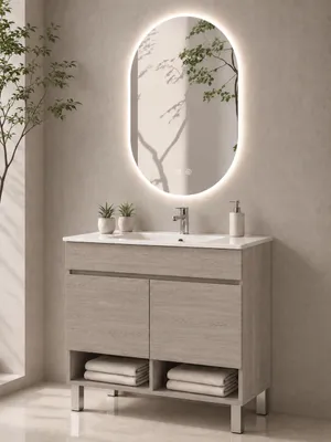 ORIGEN BATH NEBARI Badmöbel mit Füßen und Waschbecken 90x45 cm, Smoky-Eiche