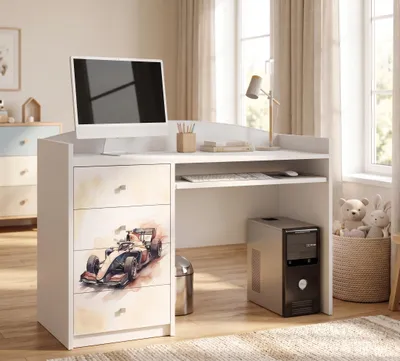 Image de Bureau pour enfants, bureau pour étudiants, blanc, avec 4 tiroirs. Grand bureau d'étude pour filles et garçons, avec un design attrayant et un motif décoratif, Image générée par une IA