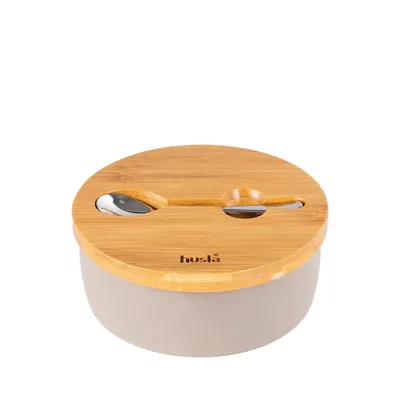 Produktbild von Zuckerdose Zuckerspender Zuckerbehälter Zuckerschale HYGGE Keramik mit Holzlöffel und Deckel 14x6 cm HOMLA