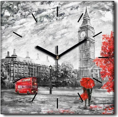 Produktbild von Coloray Uhr auf Leinwand 30x30 cm Wand Uhr Dekoration Wohnzimmer Segeltuch schwarze Hände -London Big Ben Bus