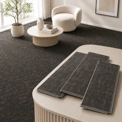 Zdjęcie produktu dla Wodoodporna podłoga SPC 5 mm z tekstylnym wzorem – panele winylowe na klik 122 x 18,4 cm z podkładem IXPE