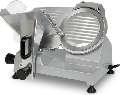 A silver electric slicer with a circular blade is shown against a white background.