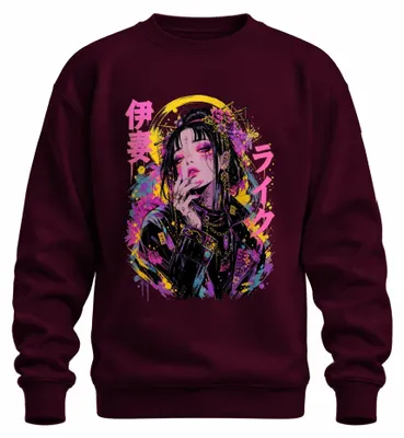 Zdjęcie produktu dla Bluza z kapturem w stylu cyberpunk, przedstawiająca japońską gejszę, anime, streetwear, styl Y2K, motyw vaporwave, kolor burgundowy, rozmiar L