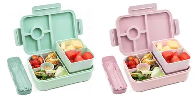Image de Boîte à lunch 1300 ml - Lekvrij - Bentobox - Boîte à déjeuner pour adultes - Boîte à déjeuner pour enfants - 5 compartiments - Avec couverts - Boîte bento