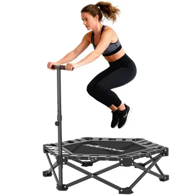 Produktbild von Fitness-Trampolin mit verstellbarem T-Griff, faltbar, Tragetasche, 120 kg Belastbarkeit, Stahl, Kunststoff, Schwarz