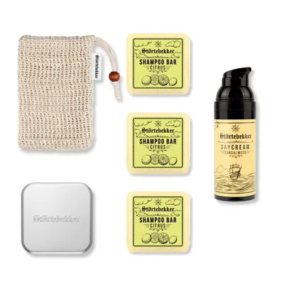 Produktbild von Störtebekker® Dusch Routine Set - 3 x festes Shampoo (Citrus), Sisalsäckchen, Seifendose & Tagescreme - für die tägliche Pflege