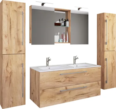 Image de 5 pièces Double lavabo | 2x lavabo | Meubles de salle de bain avec vasque, lavabo, armoire haute 2x et armoire miroir | Double lavabo | Ensemble complet Budasi SC