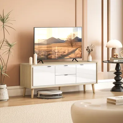 Produktbild von TV-Möbel für 55 Zoll mit 2 Hochglanz-Türen und 2 Schubladen, Soft-Close, 120x35x50 cm, Weiß