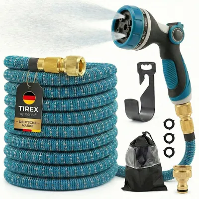 Produktbild von TIREX by xonic® Flexibler Gartenschlauch mit 10 verschiedenen Strahlarten – leichter Wasserschlauch flexibel mit 3-fach Latexkern – dehnbarer Flexschlauch / Gartenschlauch flexibel (Blau, 7,5m)