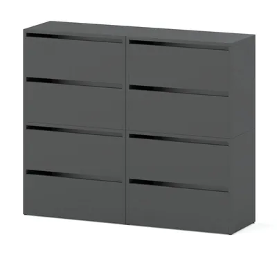 A modular shoe cabinet with four flip-down doors, presented in a clean, studio-like setting.