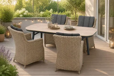 Produktbild von Destiny LUNA SAN Marino Sitzgruppe 4 Sessel + Tisch 180x90cm, halboval, holzfarben