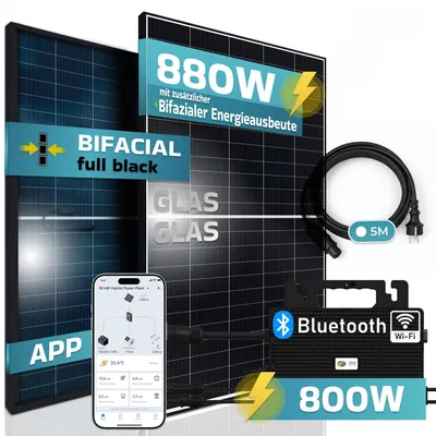 Produktbild von SUNNIVA® Balkonkraftwerk Black Frame BIFACIAL 880/800W Solaranlage, mit Astro Energy Micro Wechselrichter, 5m Kabel, WiFi Bluetooth