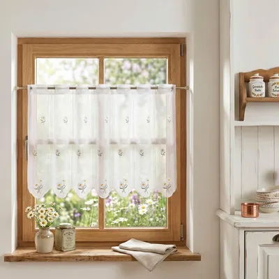 Produktbild von Scheibengardinen Meterware nähfrei Stickerei Blumen weiß 60cm Höhe