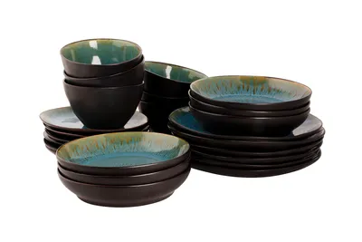 Produktbild von Palmer Lotus Geschirr Set, 24-teilig, Steinzeug, türkis/matt-schwarz