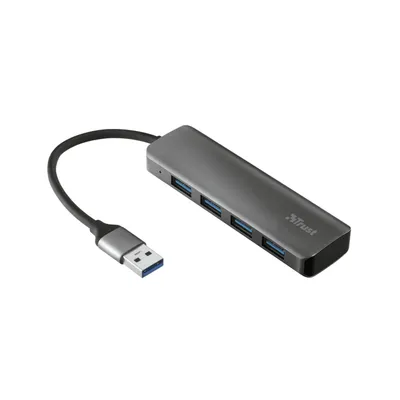 Produktbild von Trust Halyx Aluminium 4-Port USB 3.2 Hub, USB 3.2 Gen 1 (3.1 Gen 1) Micro-B, USB 3.2 Gen 1 (3.1 Gen 1) Type-A, Grau, Aluminium, Leistung, 1 m