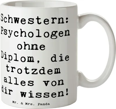 Produktbild von Mr. & Mrs. Panda Tasse Spruch Schwestern Psychologen - Weiß - Geschenk, Schwester, Geschwister, Kaffeebecher, Becher, Verwandte, Geschwisterliebe, Trinkbecher, haferl