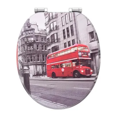 A toilet seat lid with a printed image of a red double-decker bus in London.