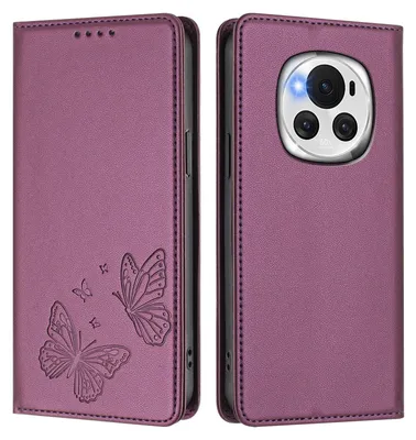 Obrázek produktu pro Kožené pouzdro pro Honor Magic6, motýlí ražbou, peněženkové flip pouzdro se stojánkem Fialová