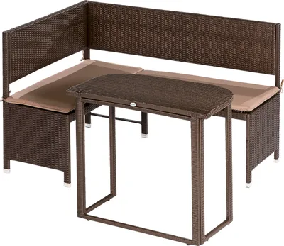 A brown wicker-style corner bench and table set with beige cushions, shown against a white background.