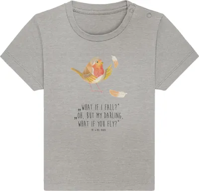 Produktbild von Mr. & Mrs. Panda  T-Shirt Rotkehlchen Federn 0. - 6. Monat - Heather Grey - Geschenk, fliegen, Vogel, Babyshirt, Lustige Sprüche, Spruch Mut, Motivation, Kinder Shirt