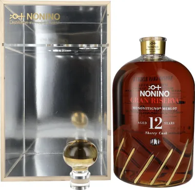Produktbild von Nonino Grappa 12 Years Monovitigno Merlot Gran Riserva Sherry Cask 41% Vol. 5,8l in Holzkiste mit Dosierpumpe