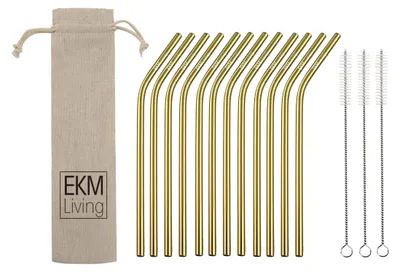 Zdjęcie produktu dla Zestaw 12 słomek ze stali nierdzewnej EKM Living Gold Bent GmbH, słomki do picia, odporne na złamania, wielokrotnego użytku, można myć w zmywarce, bez plastiku (złote wygięte, 12 szt.)
