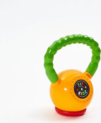 A colorful toy kettlebell on a white background.