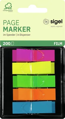 Produktbild von SIGEL HN489 Haftmarker / Z-Marker, Folie, neonrot, -gelb, -grün, -orange, -blau, 45x12 mm, 200 Streifen
