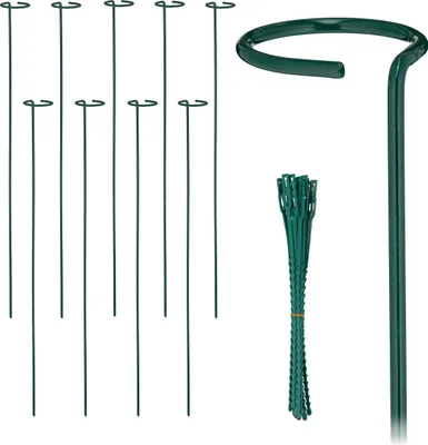 Produktbild von Relaxdays Pflanzstäbe Metall, 10er Set, Rankstäbe mit Ring, 80 cm, Metallstäbe Garten, mit Pflanzenbindern, dunkelgrün