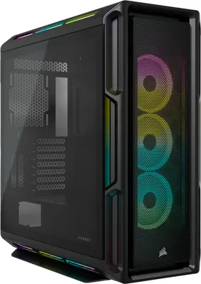 A black computer tower with RGB lighting on the front fans and bottom.