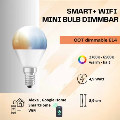 Produktbild von LEDVANCE Smarte LED-Lampe mit WiFi Technologie, Sockel E14, Dimmbar, Lichtfarbe änderbar (2700-6500K), ersetzt Glühlampen mit 40 W, SMART+ WiFi Mini Bulb Tunable White, 1er-Pack
